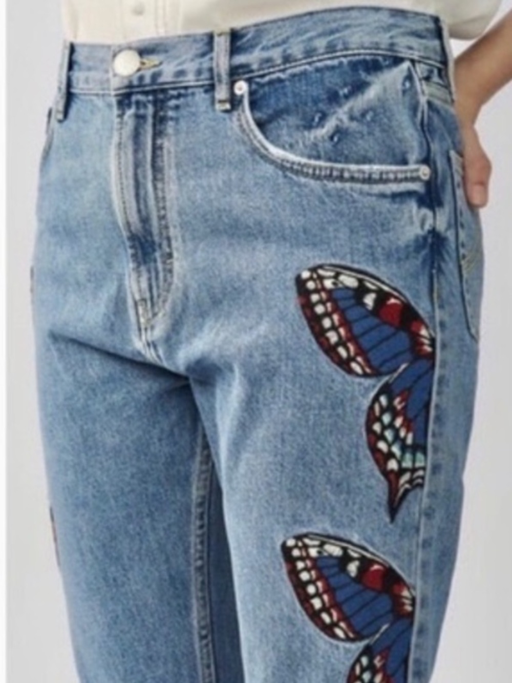 Maje Blue Cropped Jeans with Multicolor Butterfly Patches